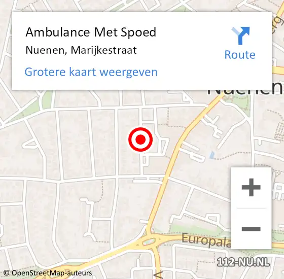 Locatie op kaart van de 112 melding: Ambulance Met Spoed Naar Nuenen, Marijkestraat op 6 mei 2018 20:18