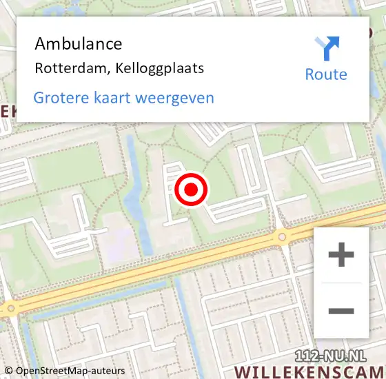 Locatie op kaart van de 112 melding: Ambulance Rotterdam, Kelloggplaats op 6 mei 2018 21:03