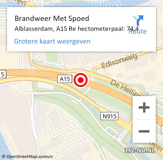Locatie op kaart van de 112 melding: Brandweer Met Spoed Naar Alblasserdam, A15 Re hectometerpaal: 74,4 op 8 mei 2018 10:41