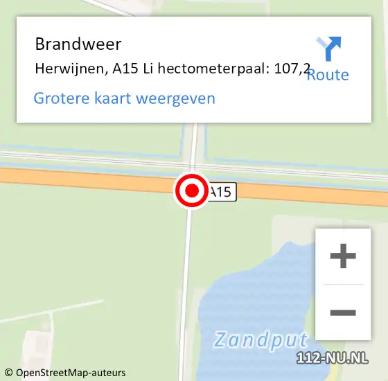 Locatie op kaart van de 112 melding: Brandweer Herwijnen, A15 Li hectometerpaal: 107,2 op 8 mei 2018 13:02