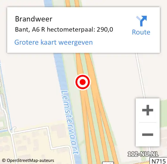 Locatie op kaart van de 112 melding: Brandweer Bant, A6 R hectometerpaal: 290,0 op 24 februari 2014 15:56