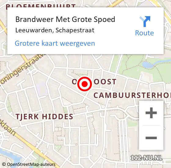 Locatie op kaart van de 112 melding: Brandweer Met Grote Spoed Naar Leeuwarden, Schapestraat op 8 mei 2018 19:24