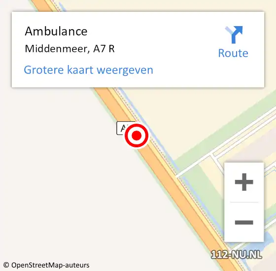 Locatie op kaart van de 112 melding: Ambulance Middenmeer, A7 R op 9 mei 2018 01:35