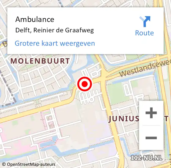 Locatie op kaart van de 112 melding: Ambulance Delft, Reinier d. Graafweg op 9 mei 2018 10:43