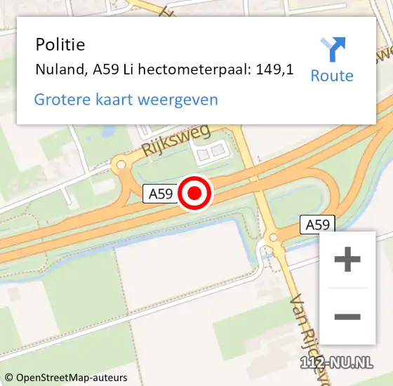Locatie op kaart van de 112 melding: Politie Nuland, A59 Li hectometerpaal: 149,1 op 9 mei 2018 13:10