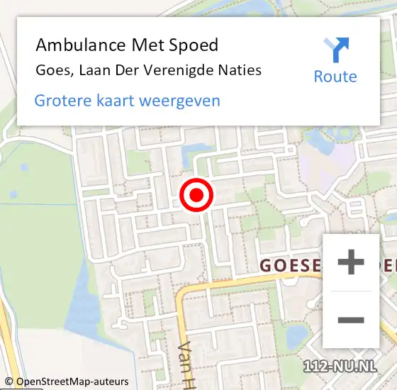 Locatie op kaart van de 112 melding: Ambulance Met Spoed Naar Goes, Laan Der Verenigde Naties op 9 mei 2018 23:32