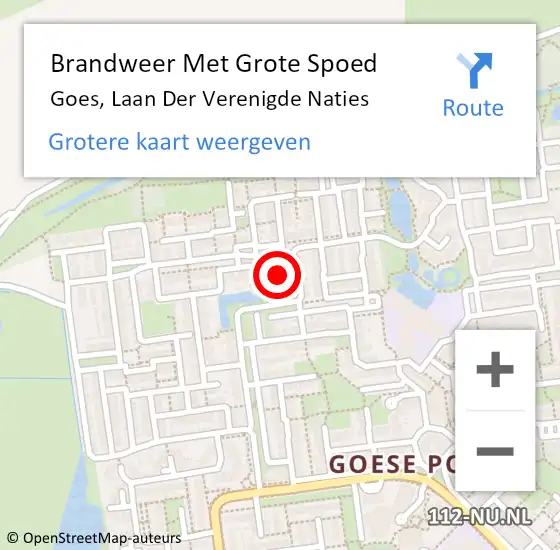 Locatie op kaart van de 112 melding: Brandweer Met Grote Spoed Naar Goes, Laan Der Verenigde Naties op 10 mei 2018 00:16