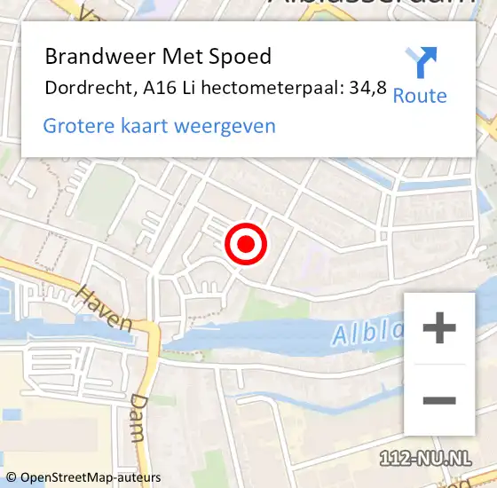 Locatie op kaart van de 112 melding: Brandweer Met Spoed Naar Dordrecht, A16 Li hectometerpaal: 34,8 op 11 mei 2018 07:31