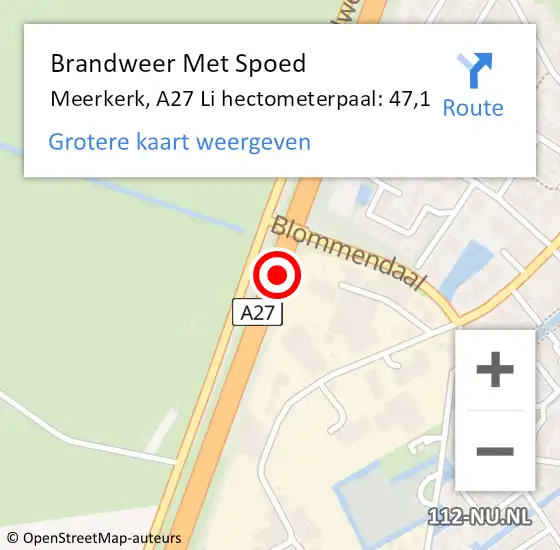 Locatie op kaart van de 112 melding: Brandweer Met Spoed Naar Meerkerk, A27 Li hectometerpaal: 47,1 op 11 mei 2018 08:48