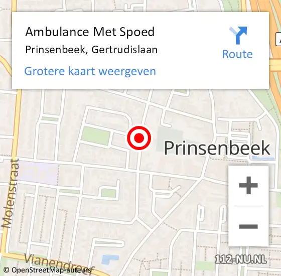 Locatie op kaart van de 112 melding: Ambulance Met Spoed Naar Prinsenbeek, Gertrudislaan op 11 mei 2018 10:44