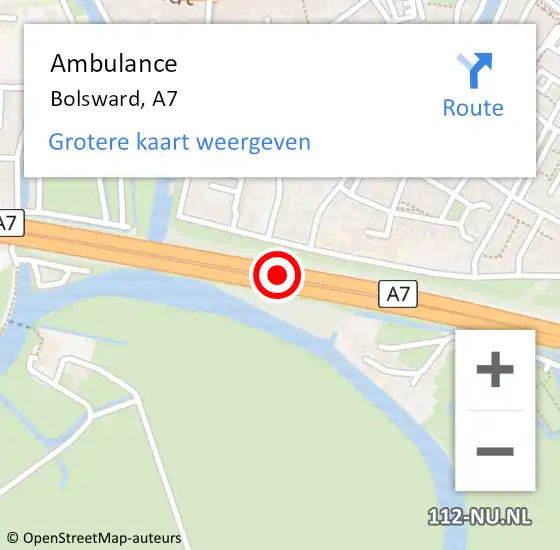 Locatie op kaart van de 112 melding: Ambulance Bolsward, A7 op 11 mei 2018 11:52