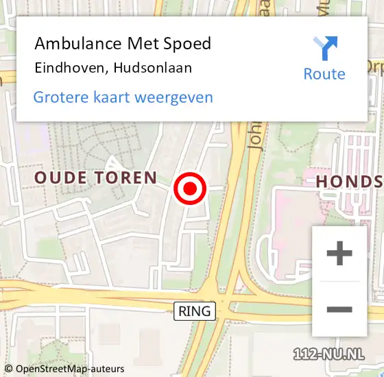 Locatie op kaart van de 112 melding: Ambulance Met Spoed Naar Eindhoven, Hudsonlaan op 11 mei 2018 19:54
