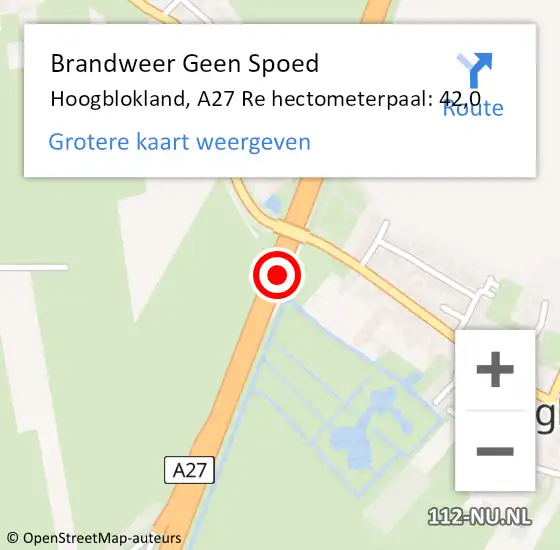 Locatie op kaart van de 112 melding: Brandweer Geen Spoed Naar Hoogblokland, A27 Re hectometerpaal: 42,0 op 12 mei 2018 02:02