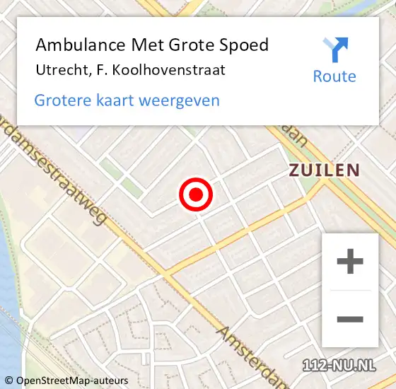 Locatie op kaart van de 112 melding: Ambulance Met Grote Spoed Naar Utrecht, F. Koolhovenstraat op 12 mei 2018 09:59