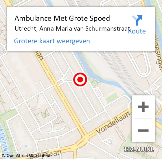 Locatie op kaart van de 112 melding: Ambulance Met Grote Spoed Naar Utrecht, Anna Maria van Schurmanstraat op 12 mei 2018 19:57