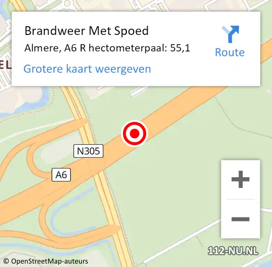 Locatie op kaart van de 112 melding: Brandweer Met Spoed Naar Almere, A6 R hectometerpaal: 55,1 op 12 mei 2018 21:04