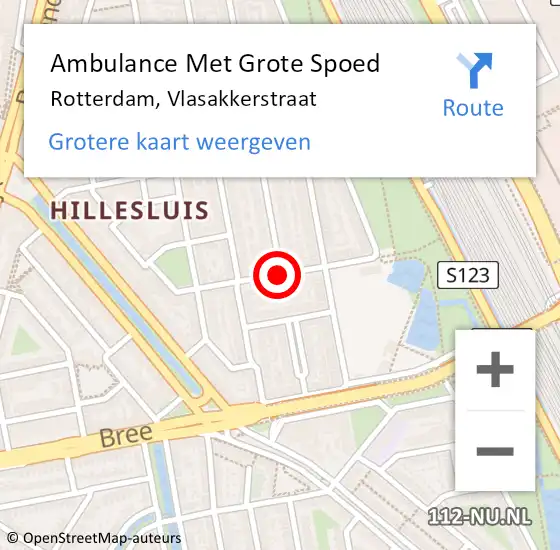 Locatie op kaart van de 112 melding: Ambulance Met Grote Spoed Naar Rotterdam, Vlasakkerstraat op 13 mei 2018 15:39