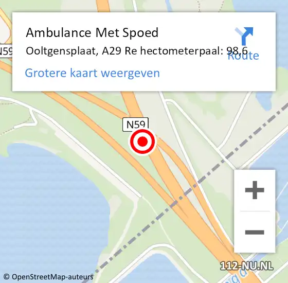 Locatie op kaart van de 112 melding: Ambulance Met Spoed Naar Ooltgensplaat, A29 Re hectometerpaal: 98,6 op 13 mei 2018 15:43