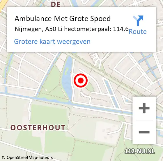 Locatie op kaart van de 112 melding: Ambulance Met Grote Spoed Naar Nijmegen, A50 Li hectometerpaal: 114,6 op 20 mei 2018 10:54