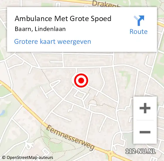 Locatie op kaart van de 112 melding: Ambulance Met Grote Spoed Naar Baarn, Lindenlaan op 20 mei 2018 13:56