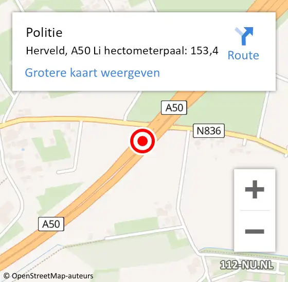 Locatie op kaart van de 112 melding: Politie Herveld, A50 Li op 20 mei 2018 21:23
