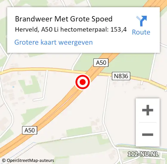Locatie op kaart van de 112 melding: Brandweer Met Grote Spoed Naar Herveld, A50 Li hectometerpaal: 154,0 op 20 mei 2018 21:24
