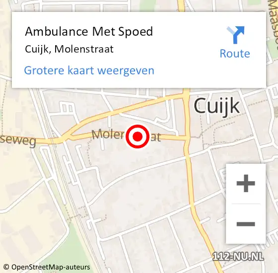 Locatie op kaart van de 112 melding: Ambulance Met Spoed Naar Cuijk, Molenstraat op 21 mei 2018 08:39