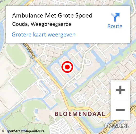 Locatie op kaart van de 112 melding: Ambulance Met Grote Spoed Naar Gouda, Weegbreegaarde op 21 mei 2018 10:43