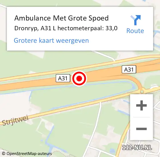 Locatie op kaart van de 112 melding: Ambulance Met Grote Spoed Naar Dronryp, A31 L hectometerpaal: 33,0 op 21 mei 2018 18:03