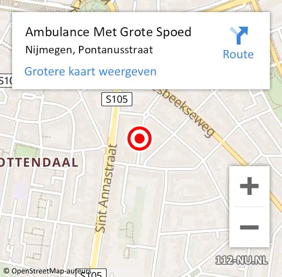 Locatie op kaart van de 112 melding: Ambulance Met Grote Spoed Naar Nijmegen, Pontanusstraat op 21 mei 2018 22:23