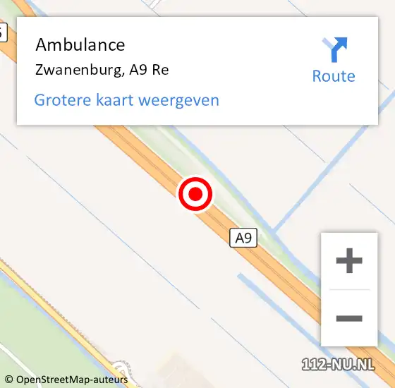 Locatie op kaart van de 112 melding: Ambulance Zwanenburg, A9 Re op 22 mei 2018 18:24