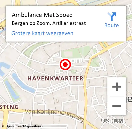 Locatie op kaart van de 112 melding: Ambulance Met Spoed Naar Bergen op Zoom, Artilleriestraat op 23 mei 2018 00:02