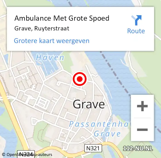 Locatie op kaart van de 112 melding: Ambulance Met Grote Spoed Naar Grave, Ruyterstraat op 23 mei 2018 08:54