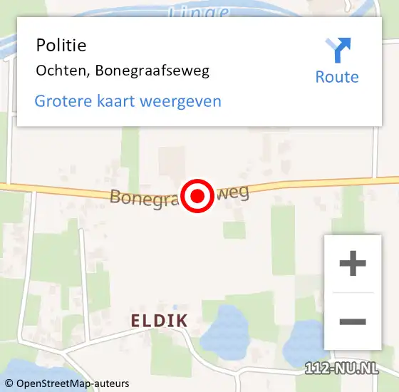 Locatie op kaart van de 112 melding: Politie Ochten, Bonegraafseweg op 23 mei 2018 21:35