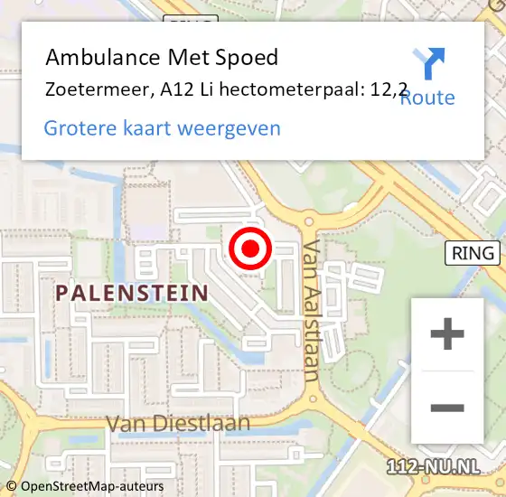 Locatie op kaart van de 112 melding: Ambulance Met Spoed Naar Zoetermeer, A12 Li hectometerpaal: 12,2 op 24 mei 2018 07:12