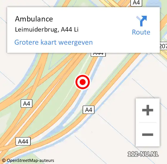 Locatie op kaart van de 112 melding: Ambulance Leimuiderbrug, A44 Li op 24 mei 2018 07:57
