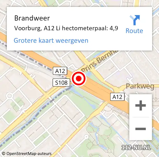 Locatie op kaart van de 112 melding: Brandweer Voorburg, A12 Li op 24 mei 2018 16:58