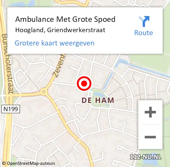 Locatie op kaart van de 112 melding: Ambulance Met Grote Spoed Naar Hoogland, Griendwerkerstraat op 24 mei 2018 20:41