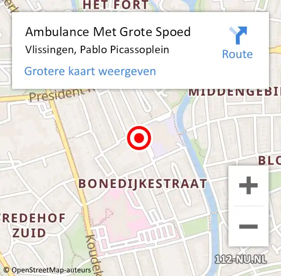 Locatie op kaart van de 112 melding: Ambulance Met Grote Spoed Naar Vlissingen, Pablo Picassoplein op 25 mei 2018 20:41