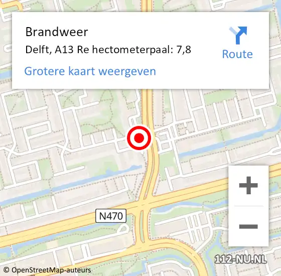 Locatie op kaart van de 112 melding: Brandweer Delft, A13 Re hectometerpaal: 7,9 op 25 mei 2018 22:35