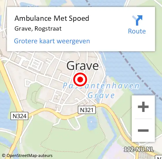 Locatie op kaart van de 112 melding: Ambulance Met Spoed Naar Grave, Rogstraat op 26 mei 2018 11:32