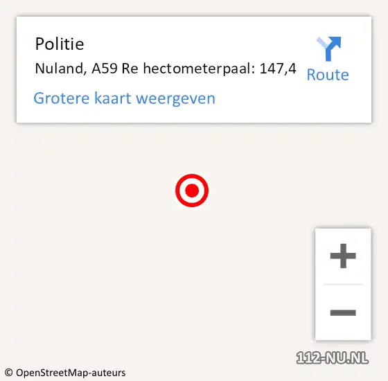 Locatie op kaart van de 112 melding: Politie Nuland, A59 Re hectometerpaal: 147,4 op 26 mei 2018 12:18