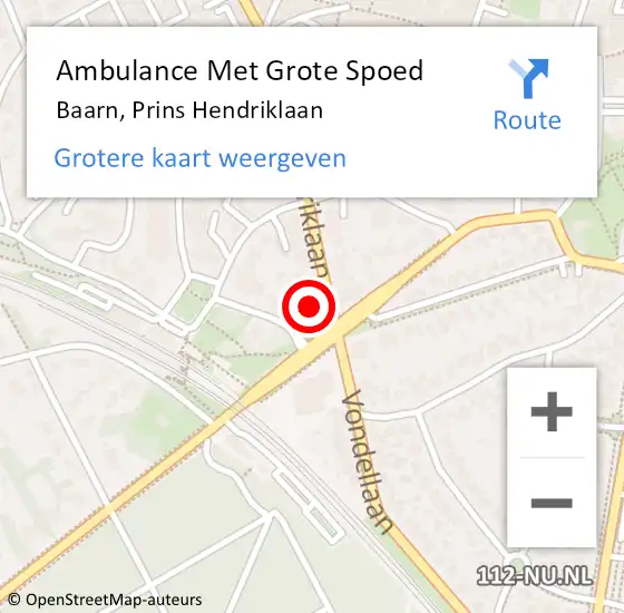 Locatie op kaart van de 112 melding: Ambulance Met Grote Spoed Naar Baarn, Prins Hendriklaan op 27 mei 2018 05:12