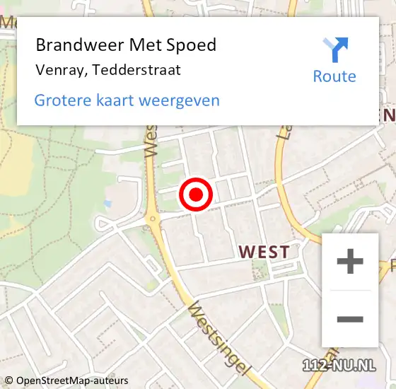 Locatie op kaart van de 112 melding: Brandweer Met Spoed Naar Venray, Tedderstraat op 28 mei 2018 21:39