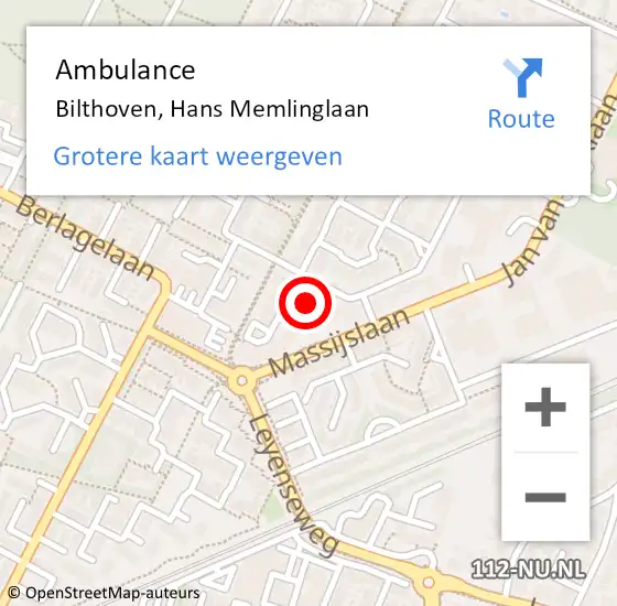 Locatie op kaart van de 112 melding: Ambulance Bilthoven, Hans Memlinglaan op 28 mei 2018 22:40