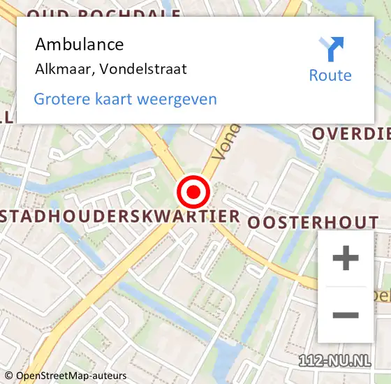 Locatie op kaart van de 112 melding: Ambulance Alkmaar, Vondelstraat op 30 mei 2018 14:42