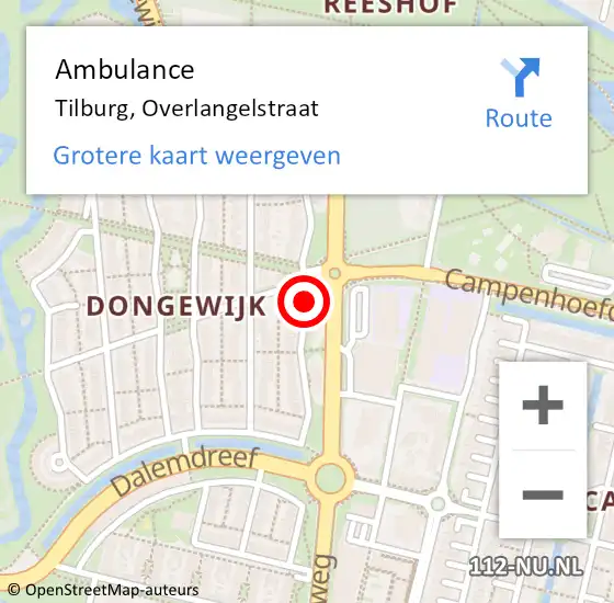 Locatie op kaart van de 112 melding: Ambulance Tilburg, Overlangelstraat op 30 mei 2018 15:23