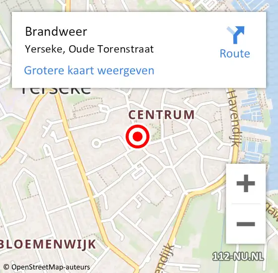 Locatie op kaart van de 112 melding: Brandweer Yerseke, Oude Torenstraat op 31 mei 2018 19:51