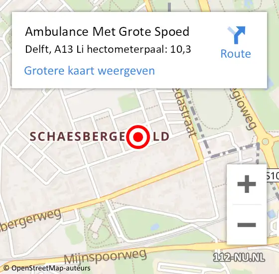 Locatie op kaart van de 112 melding: Ambulance Met Grote Spoed Naar Delft, A13 Li hectometerpaal: 10,3 op 31 mei 2018 21:31