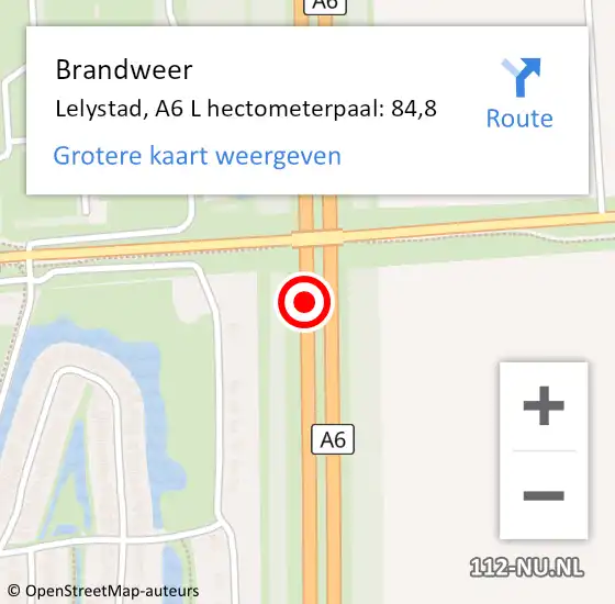 Locatie op kaart van de 112 melding: Brandweer Lelystad, A6 L hectometerpaal: 288,9 op 1 juni 2018 09:40